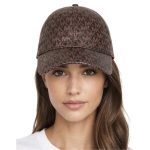 Michael Kors MK Monogram Leather Baseball Cap Brown Adjustable Designer Hat